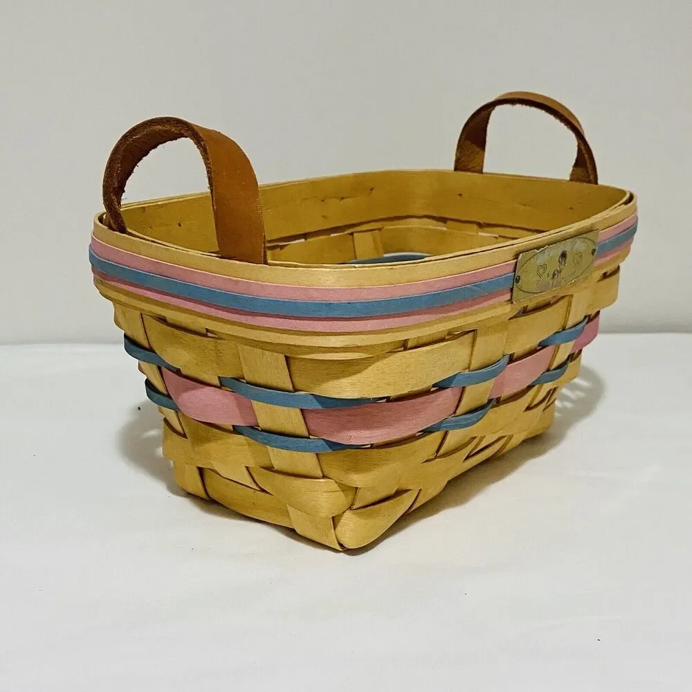 1992 Henn Basket Welcome to the World Pink Blue Bands Woven Signed Handles FLAW